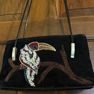 Ermo black bag purse with beaded Toucan on branch vintage 3 zippers, 1960s EUC